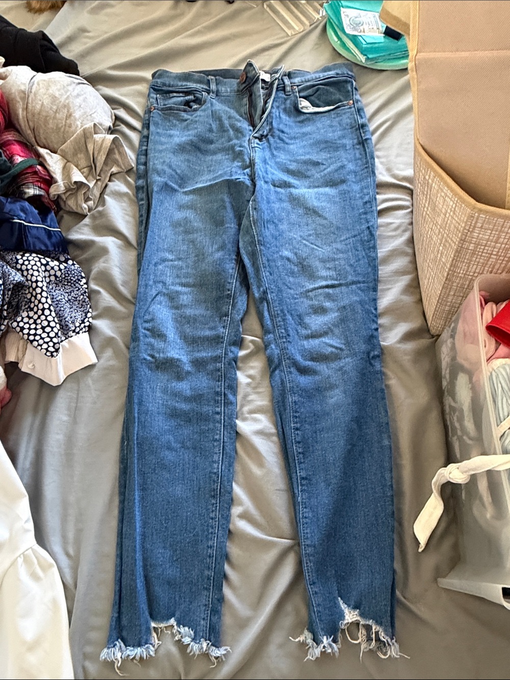 LOFT Women's Blue Skinny Jeans with Distressed Raw Hem